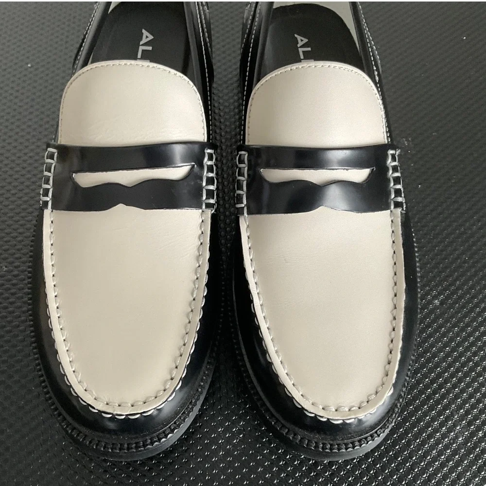 Aldo Buckley Mens Black White Leather Penny Loafers Pillow Walk Flex Size 7.5